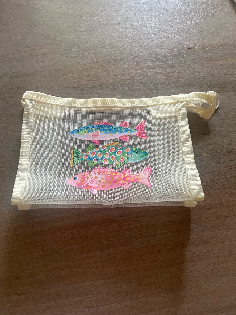 Haus of Brilliance Yellow Cosmetic Pouch with Pink, Green & Blue Fish